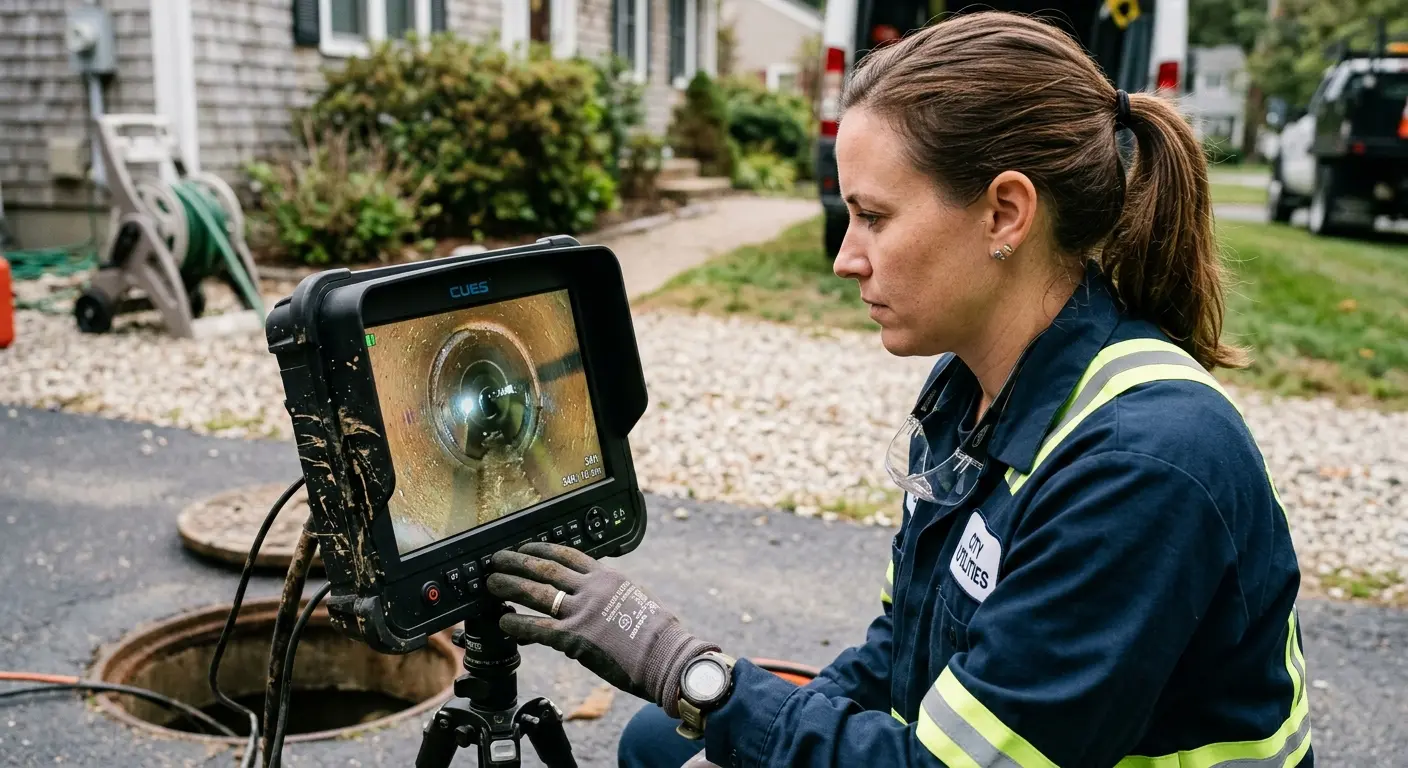 Technician reviewing sewer camera inspection footage in Merrimac