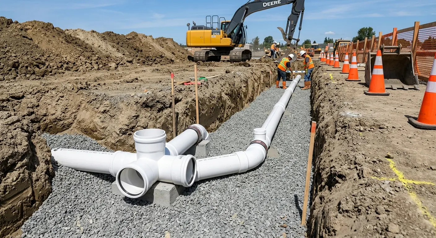 New PVC sewer pipe installation in open trench for Sewer Backup in Merrimac