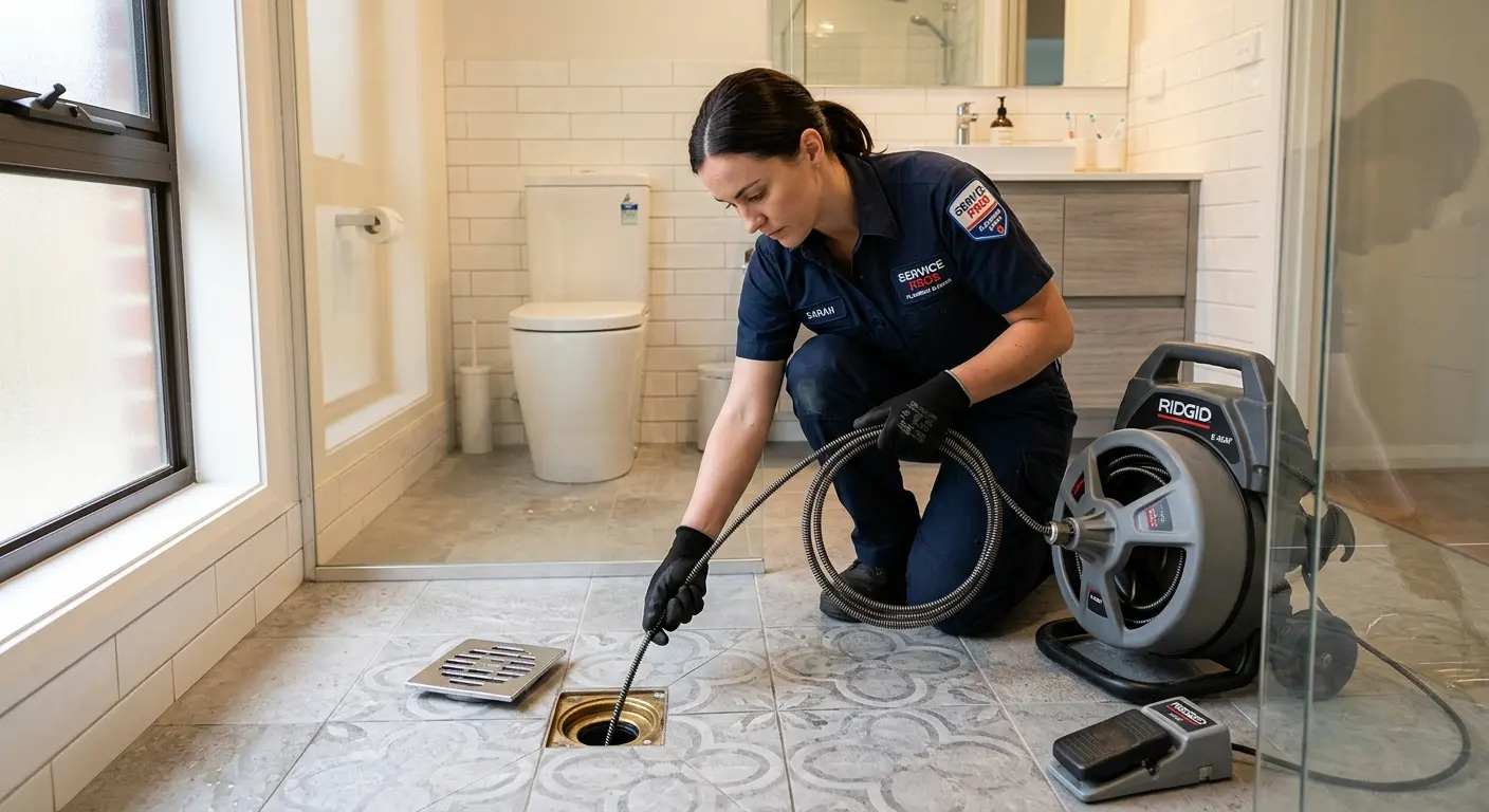 Technician clearing a bathroom floor drain for Drain Cleaning in Merrimac